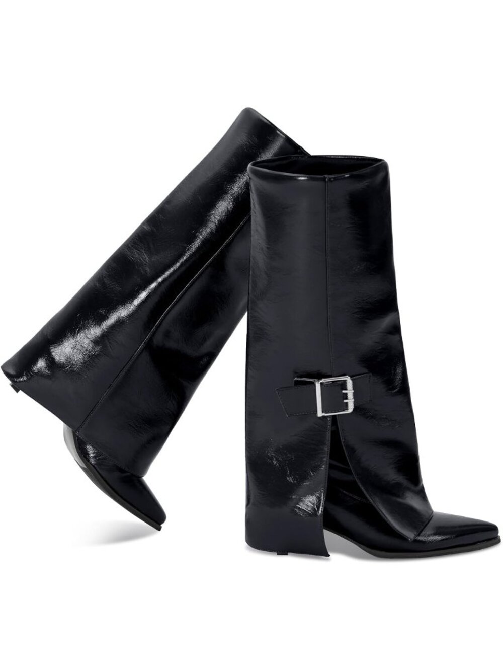 Women's Black Out Fold Over Shark Buckle Kitten Heels Wide Calf Knee High Boots